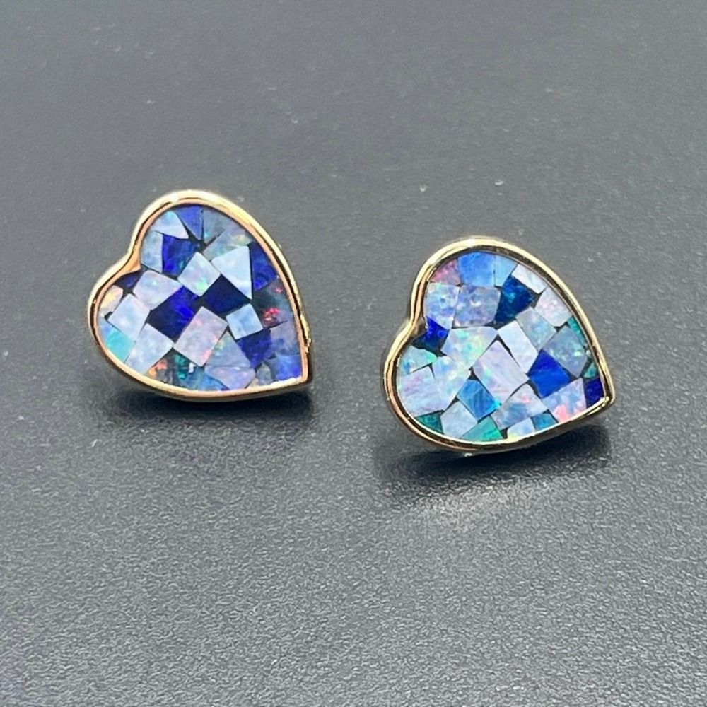 C M/J Designer Signed 14K Gold 15mm Heart Mosaic Opal Earrings Stud Posts 3.12g